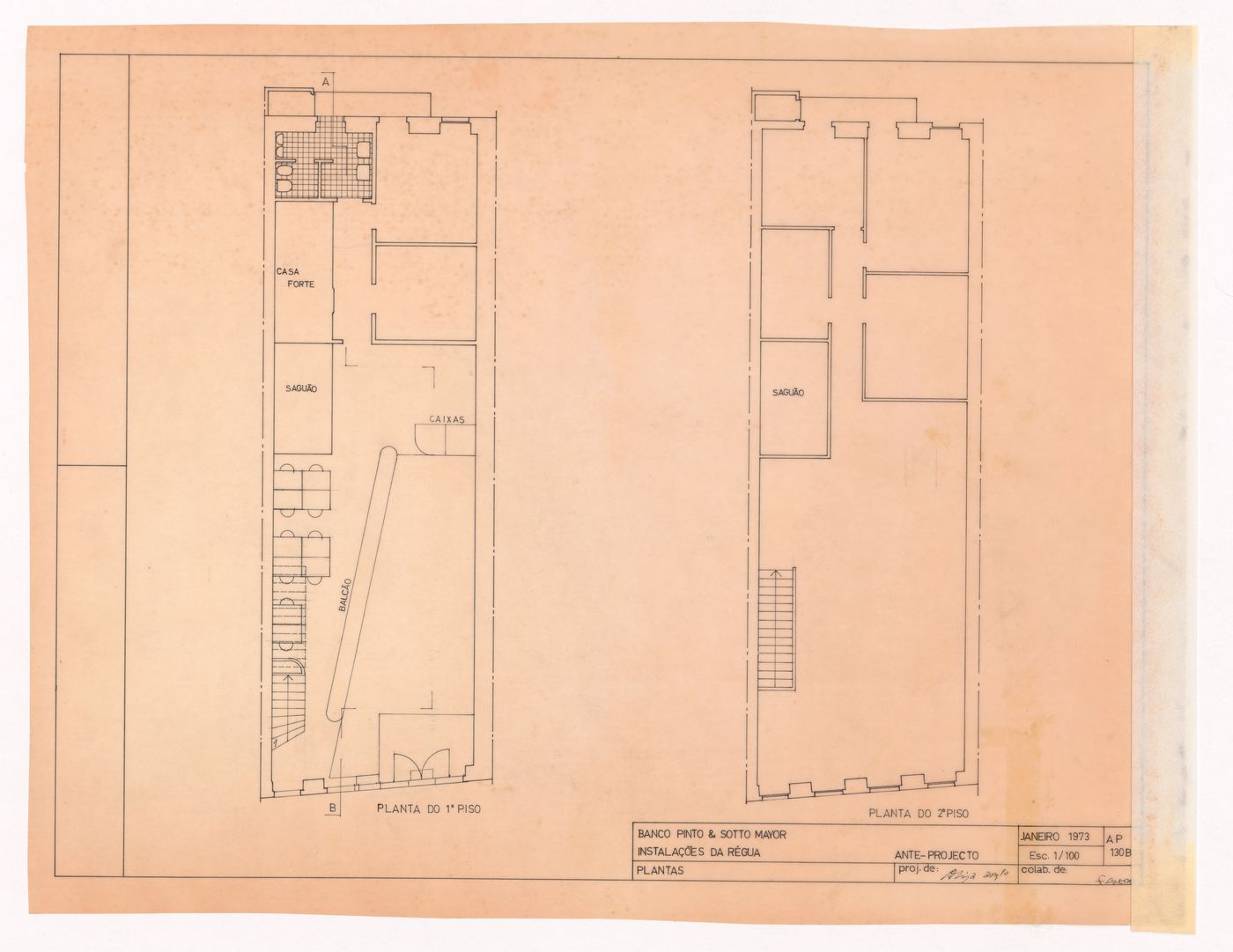 First and second floor preliminary draft plans for Banco Pinto & Sotto Mayor, Régua, Portugal