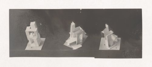 Photograph of student models by Klimov and unidentified students on the topic "Constructing and Finding a Spatial Voluminous Composition Using Surface Elements" for the "Space" course at the Vkhutemas (Higher State Artistic Technical Studios), Moscow