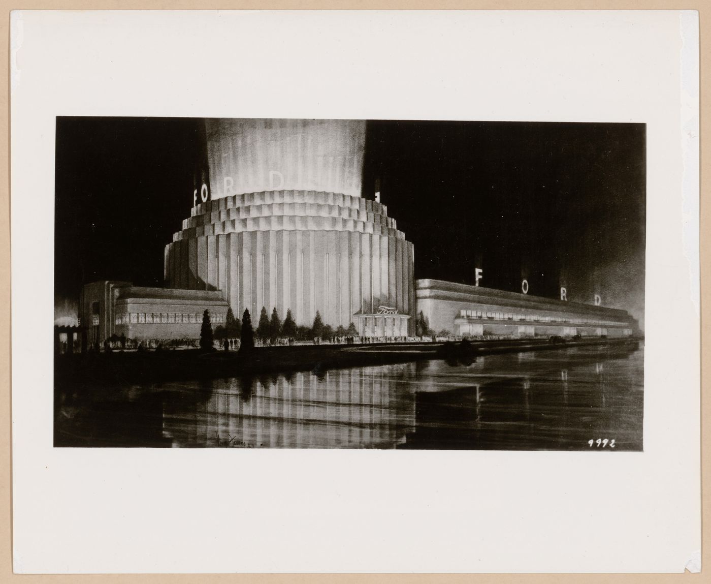 Photograph of a perspective drawing for or of the Rotunda and pavilion of the Ford Motor Company at night, 1933-1934 Chicago World's Fair, Chicago, Illinois