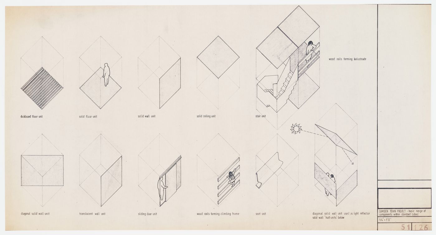 Fun Palace: axonometrics showing basic range of components within standard cubes for pilot project, Camden Town