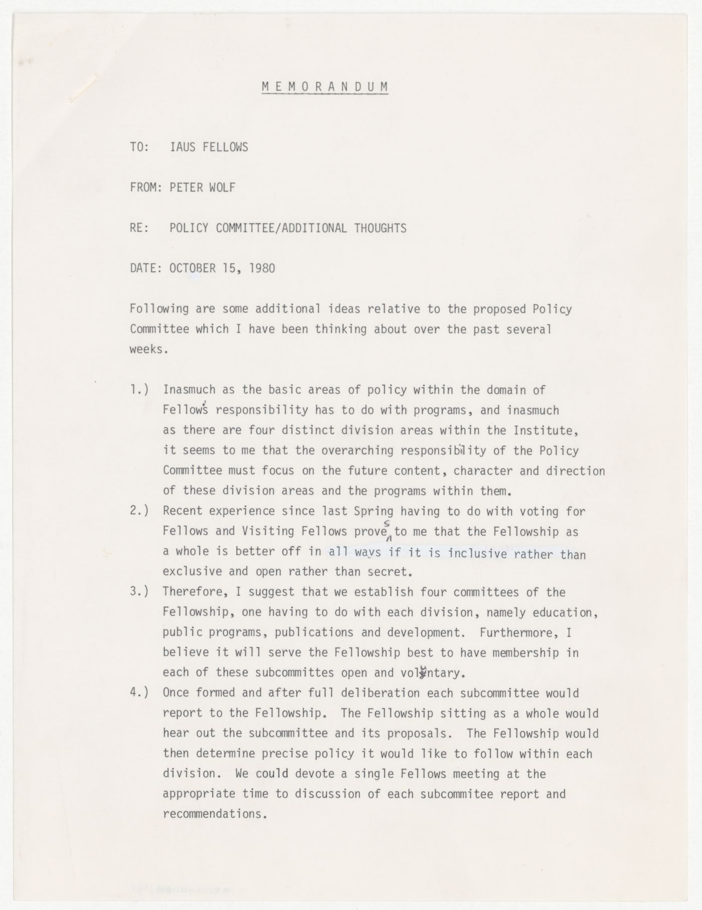 Memorandum from Peter Wolf to the Fellows about proposed policy committee