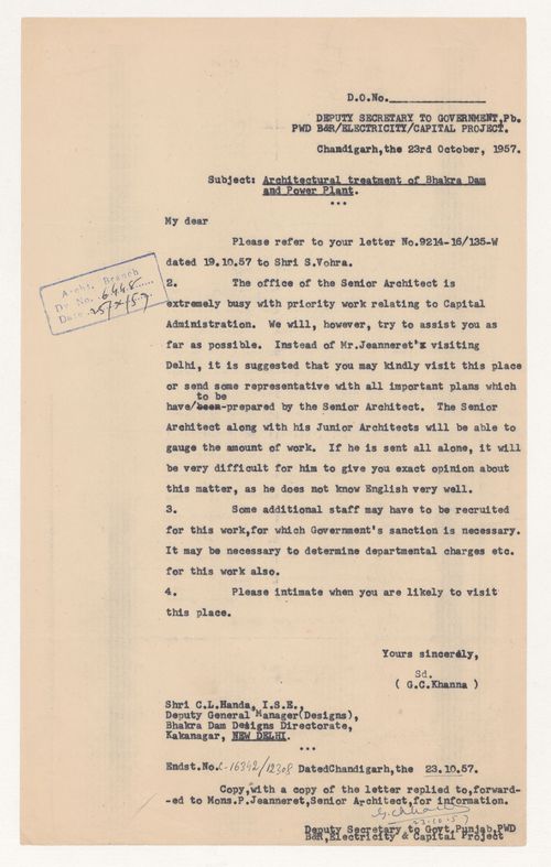 Copy of a letter from G.C. Khanna to C.L. Handa sent to Pierre Jeanneret relatively to the Bhakra Dam, India