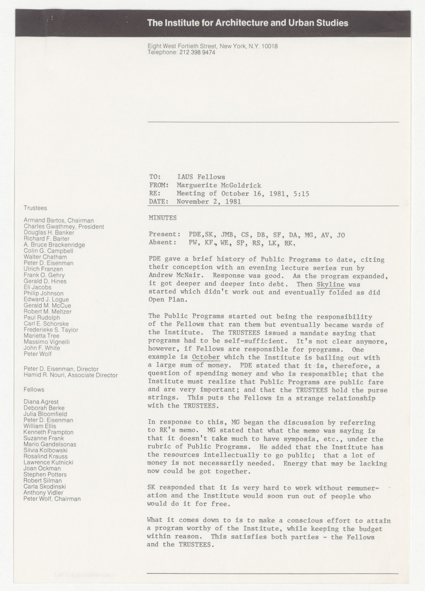 Minutes of meeting of the Fellows on October 16th, 1981