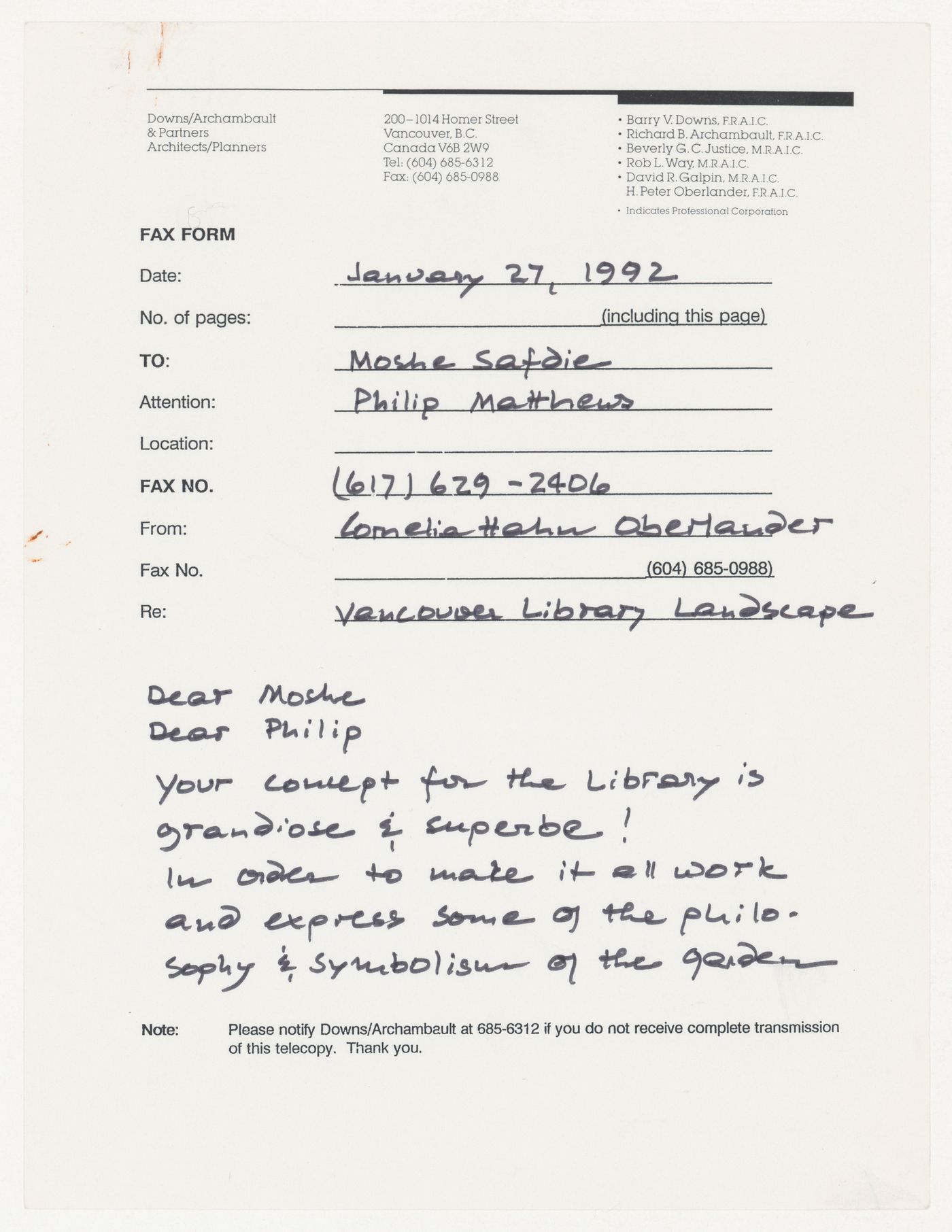 Letter from Cornelia Hahn Oberlander to Moshe Safdie about landscape design for Library Square, Vancouver, British Columbia, Canada