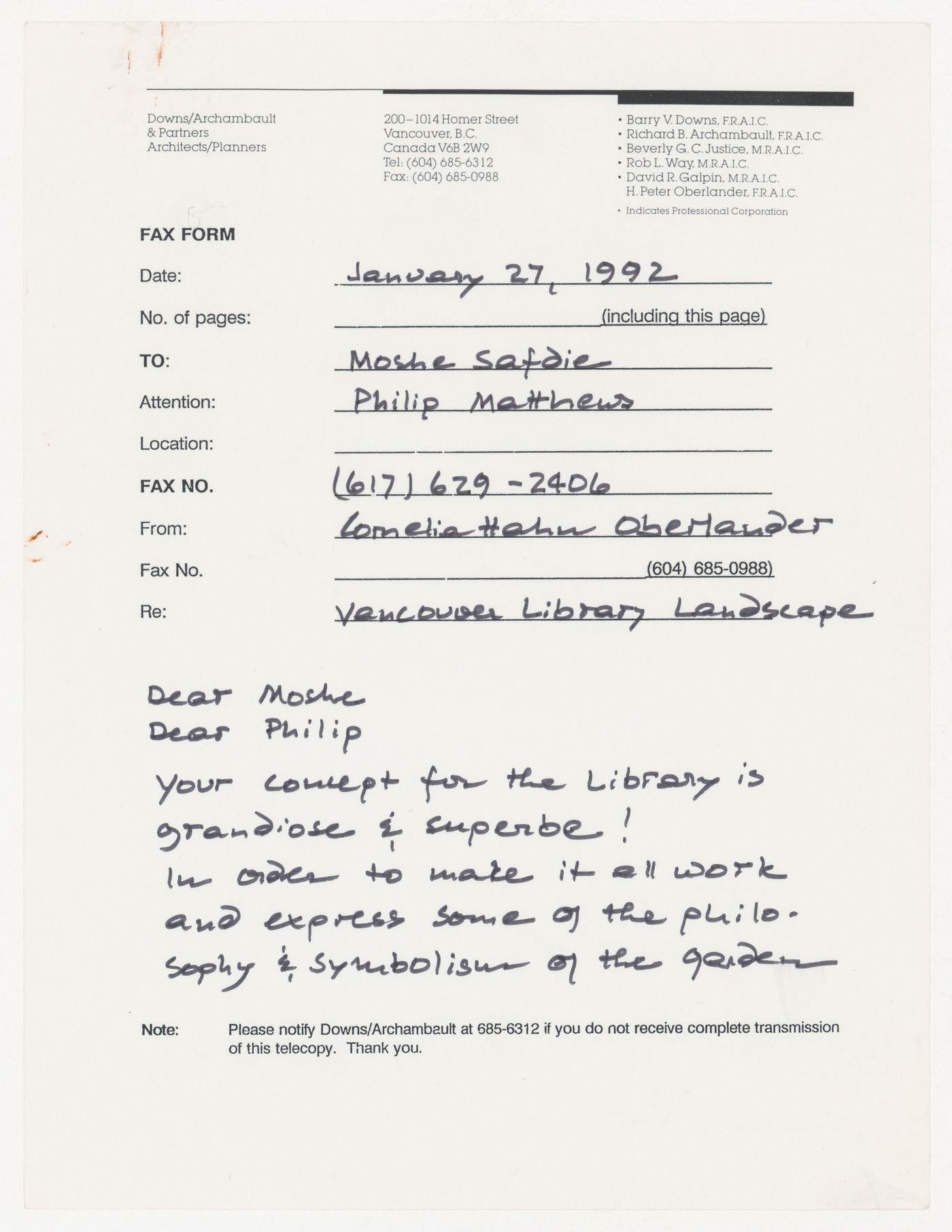 Letter from Cornelia Hahn Oberlander to Moshe Safdie about landscape design for Library Square, Vancouver, British Columbia, Canada
