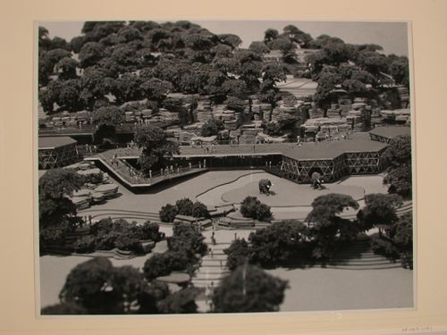 Photograph of a detail of a model for the Omaha Zoo showing the Prototype Hexagonal Buildings, Omaha, Nebraska
