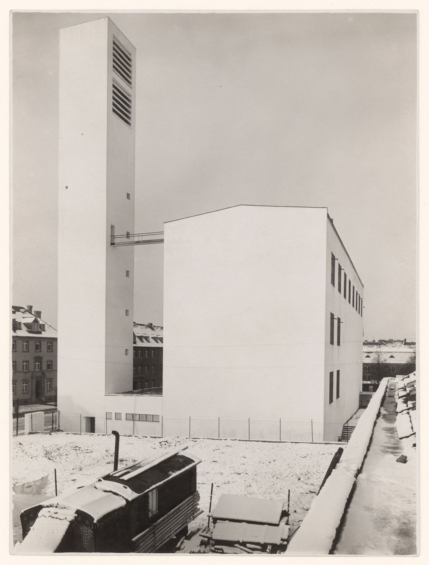 Exterior view of tower and blank façade of church of Corpus Christi, Aachen, Germany