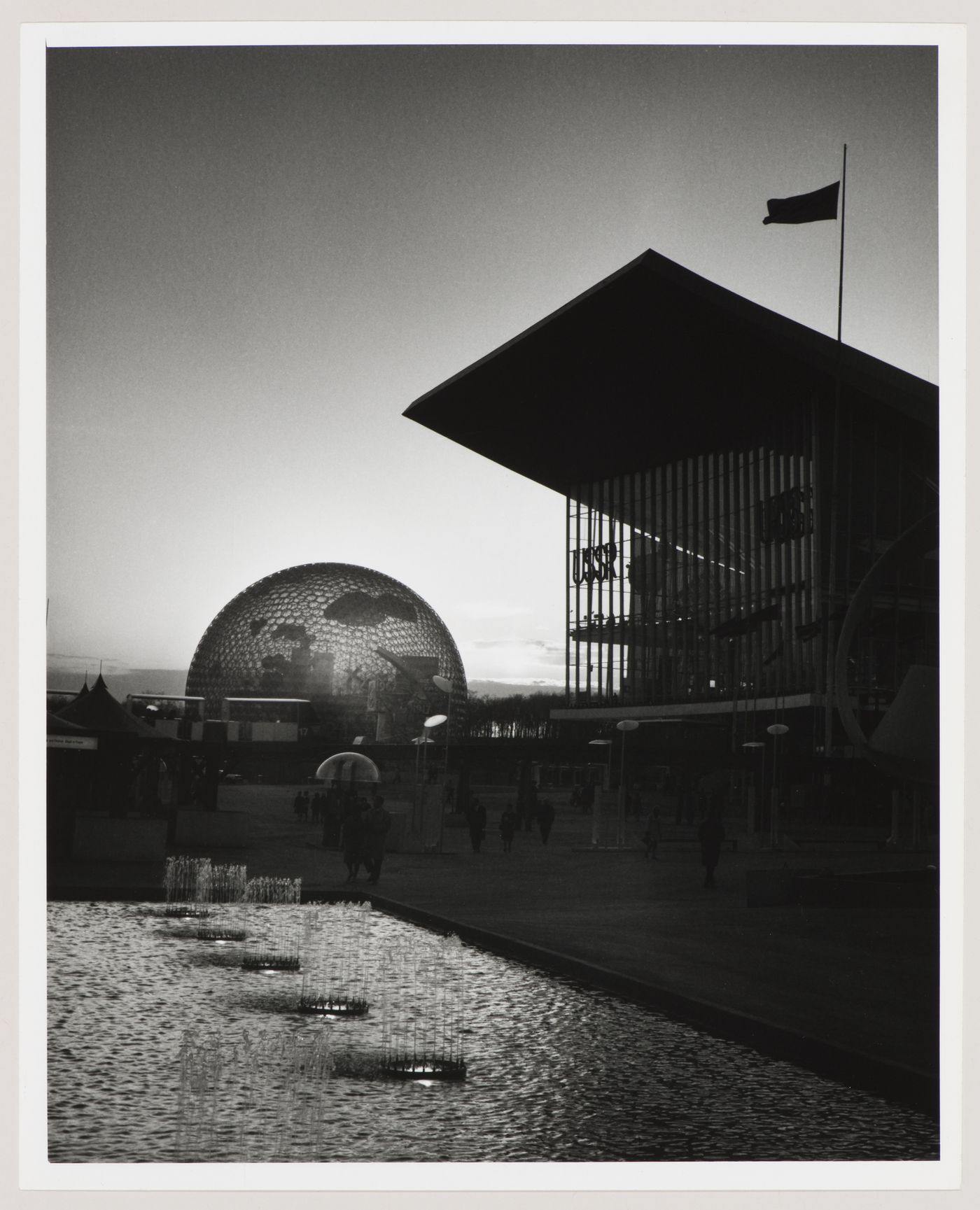 Sunset view of the Pavilions of the United States and of the Soviet Union, Expo 67, Montréal, Québec