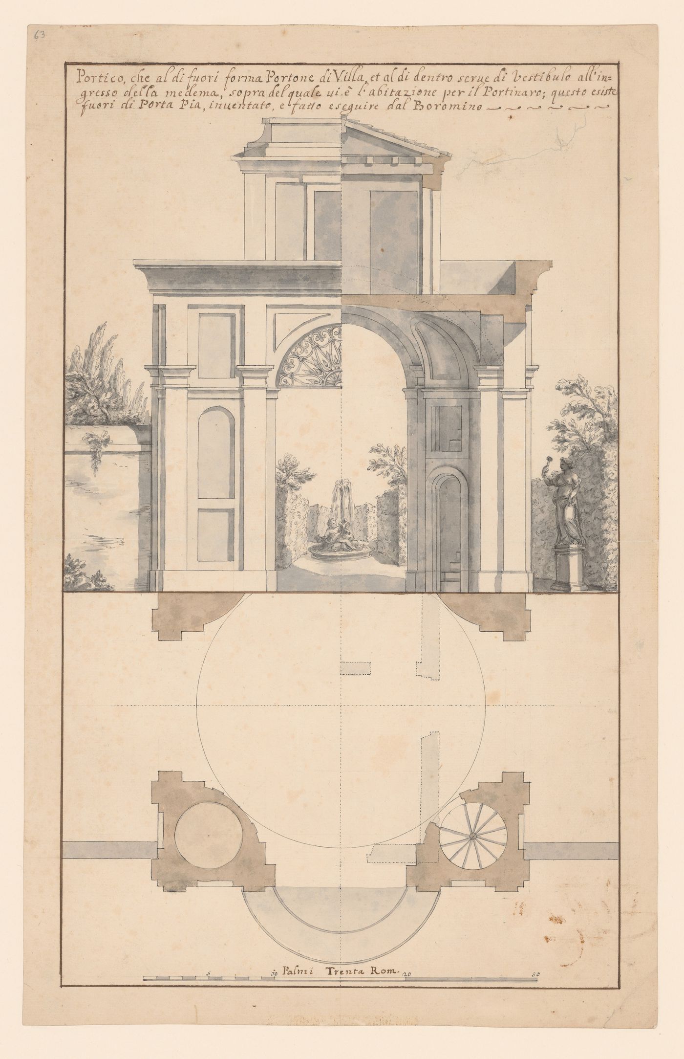 Elevation, section, and plan for Borromini's portal for the Vigna of Bernardino Missori outside the Porta Pia, Rome