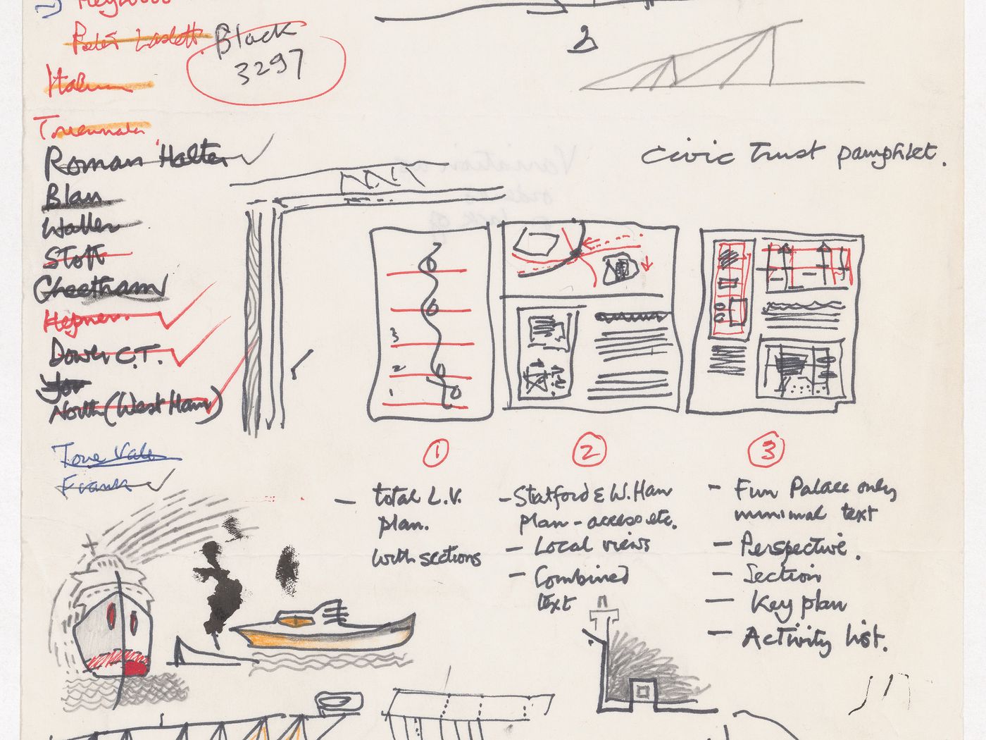 Sketches with annotations for a publication about the Civic Trust