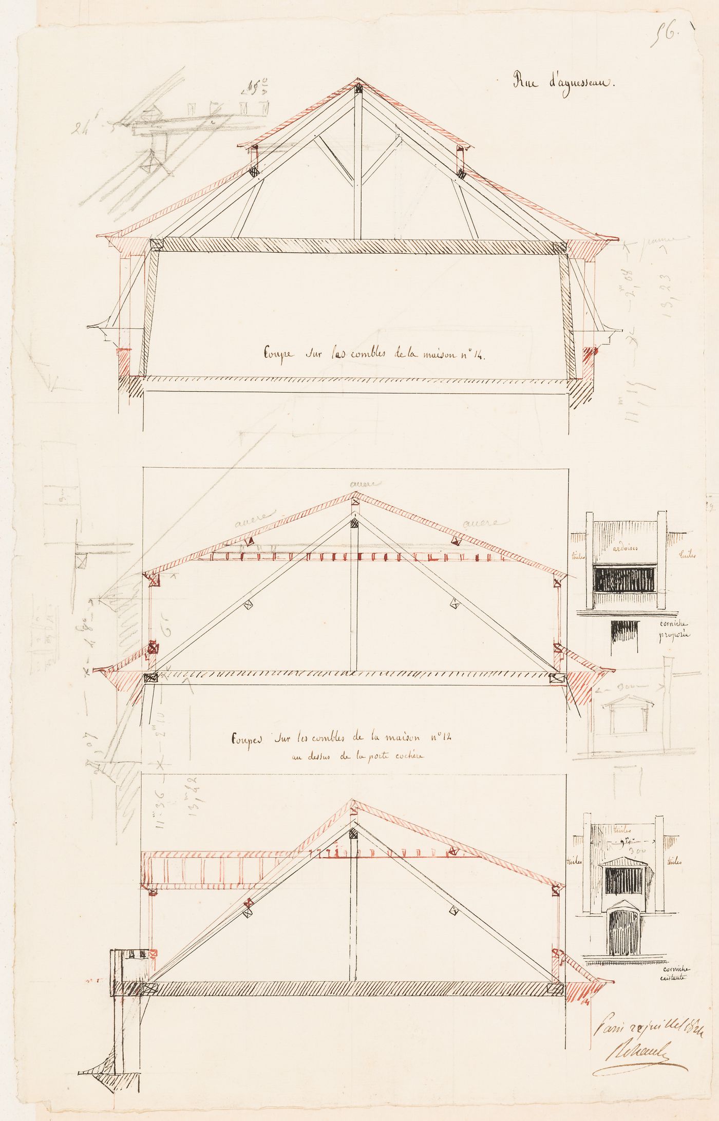 Rohault de Fleury House, 12-14 rue d'Aguesseau, Paris: Partial sections for the roof structure with partial elevations for the roof and dormers