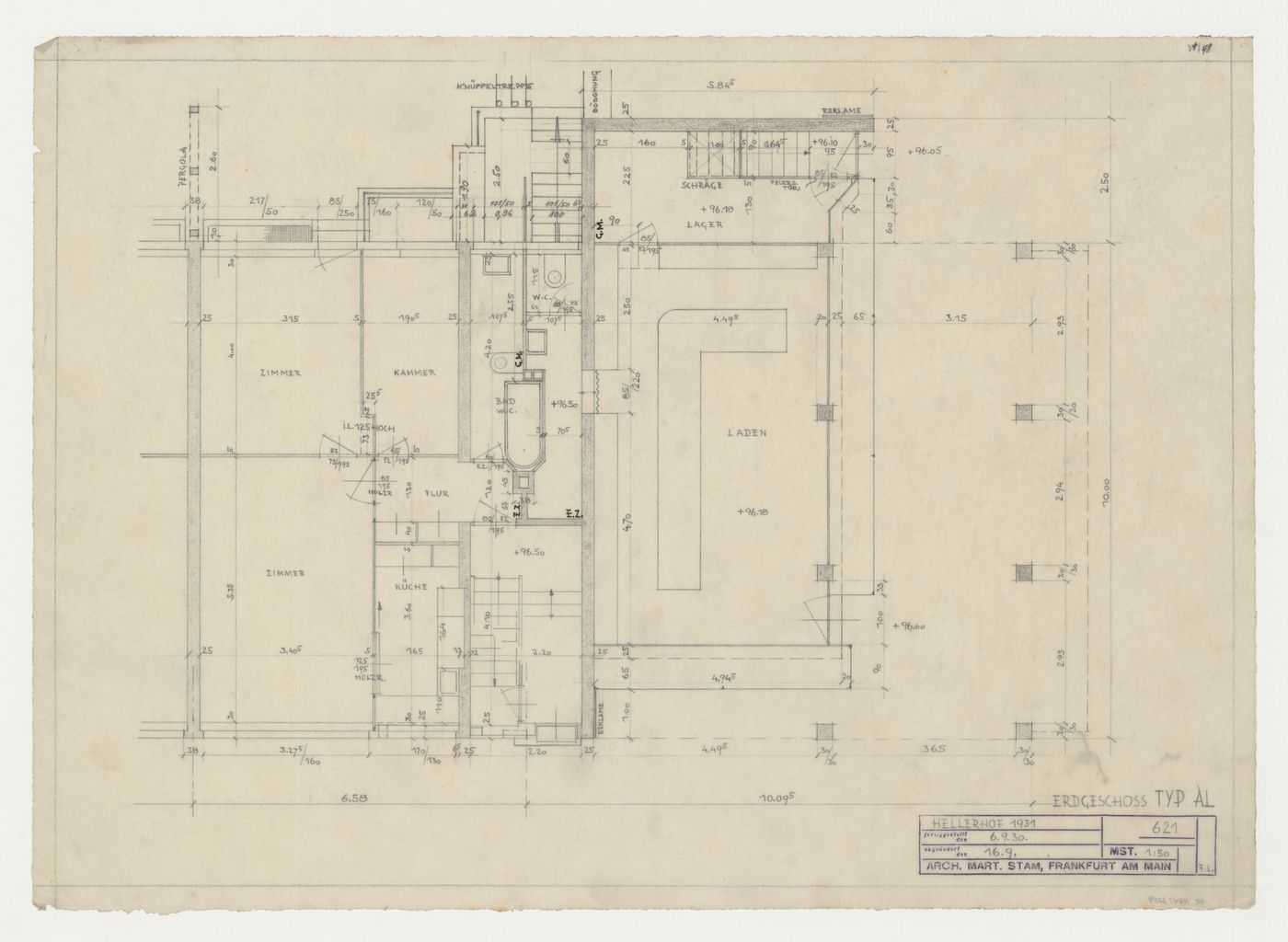 Ground floor plan for a type AL store, Hellerhof Housing Estate, Frankfurt am Main, Germany