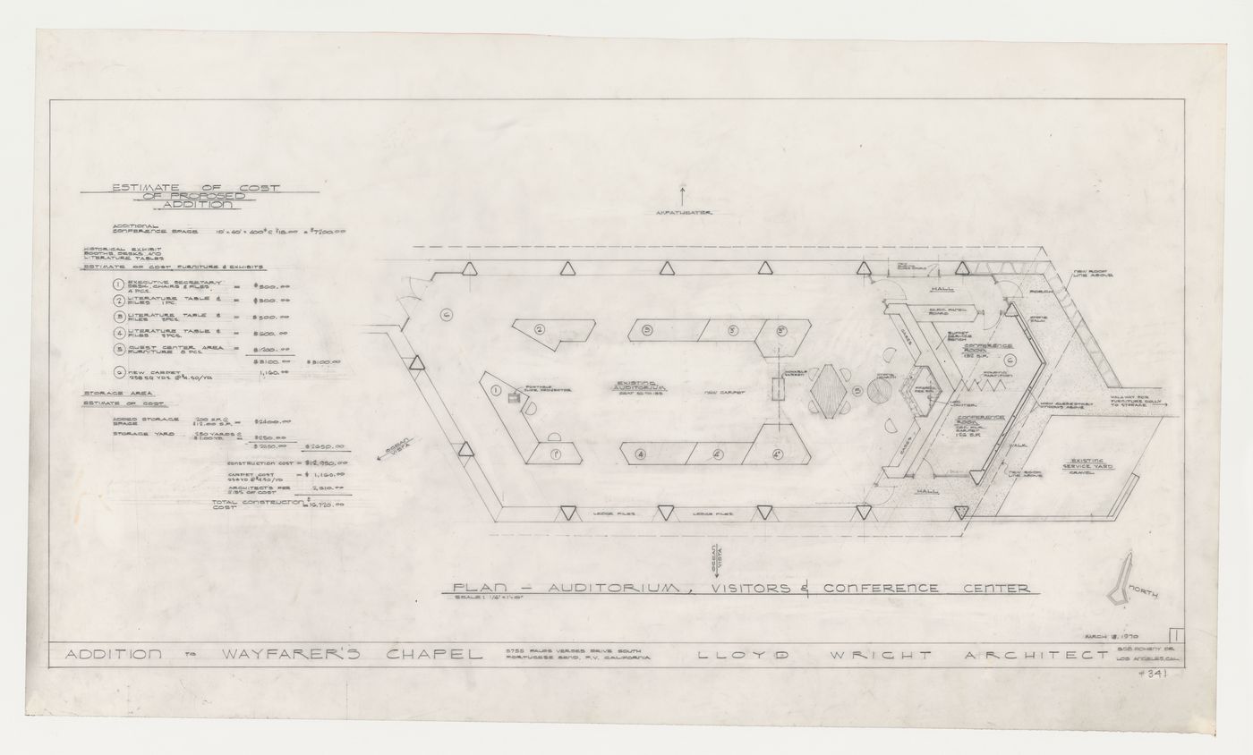 Wayfarers' Chapel, Palos Verdes, California: Plan for the auditorium addition including new furniture and exhibition tables
