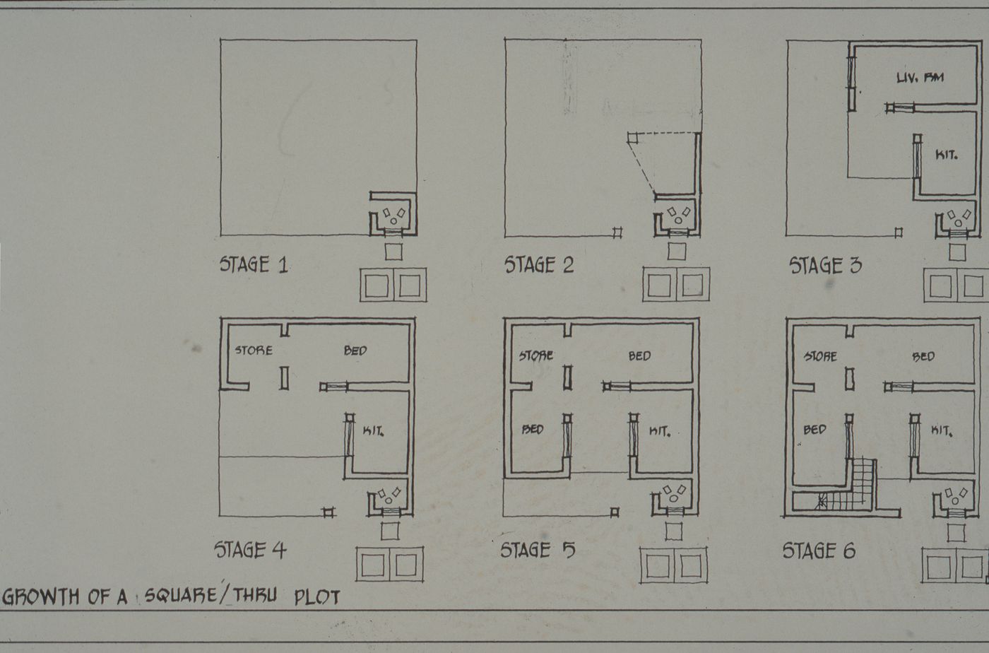Floor plan showing growth of a house for the Aranya Housing Project, Indore, India