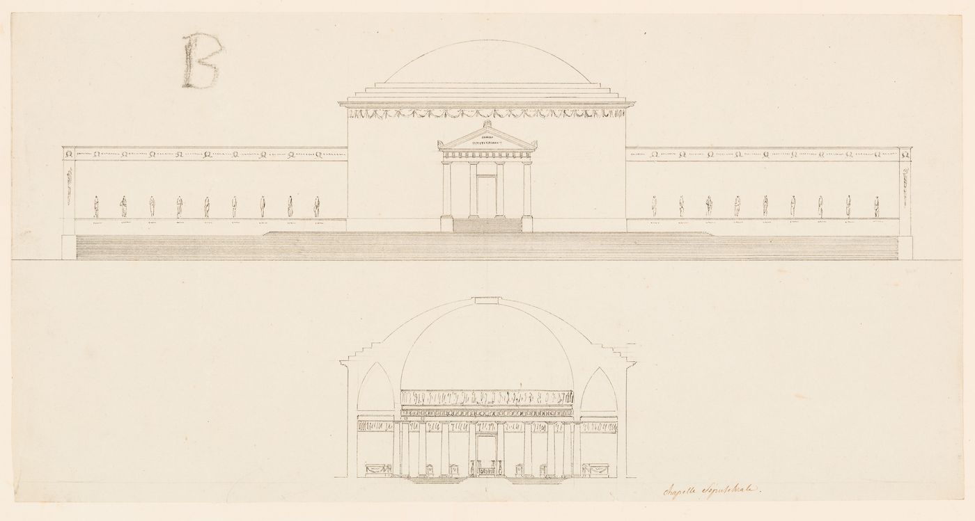 Concours d'émulation, February 1801: Elevations, sections and plan for alternate designs for a Christian basilica and plans of Christian basilicas; Site plan, plan, and elevation for a maison commune; verso: Elevation and section for a sepulchral chapel