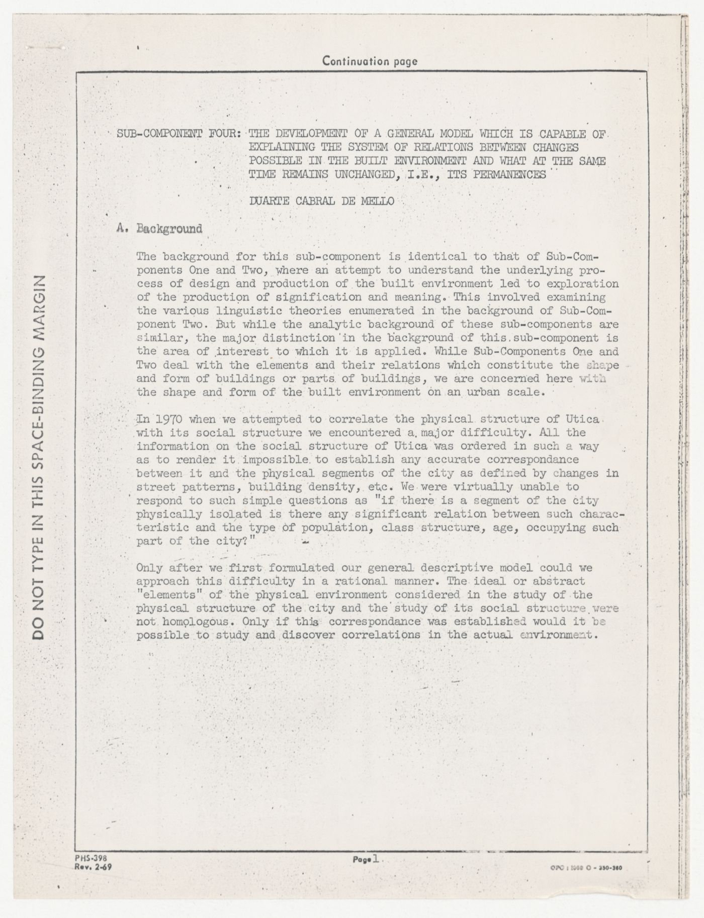 Draft for a sub-component of grant proposal for Program in Generative Design to the National Institute of Mental Health (NIMH) / Department of Health, Education, and Welfare