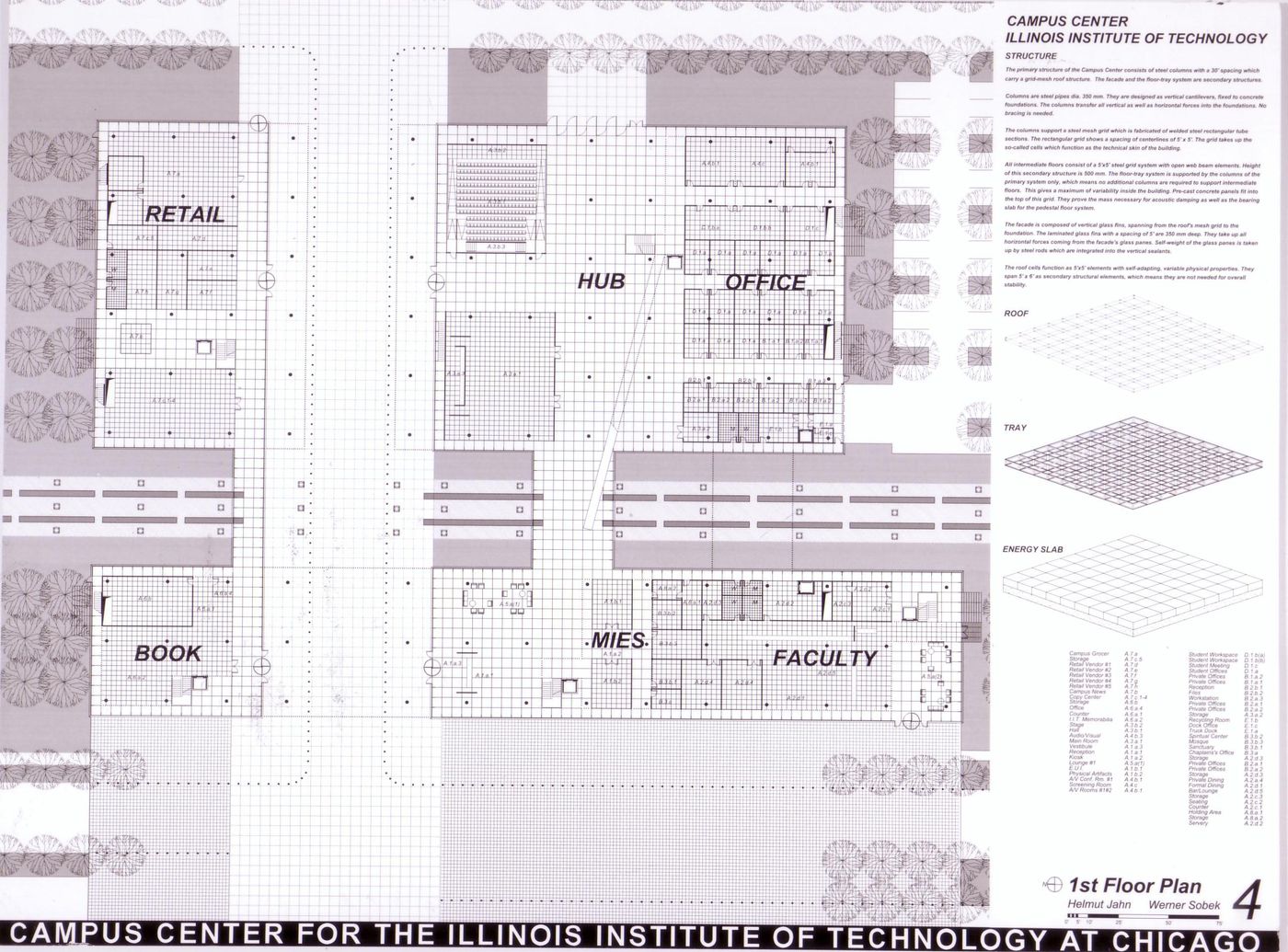 First floor plan and description of proposed structure, submission to the Richard H. Driehaus Foundation International Design Competition for a new campus center (1997-98), Illinois Institute of Technology, Chicago, Illinois