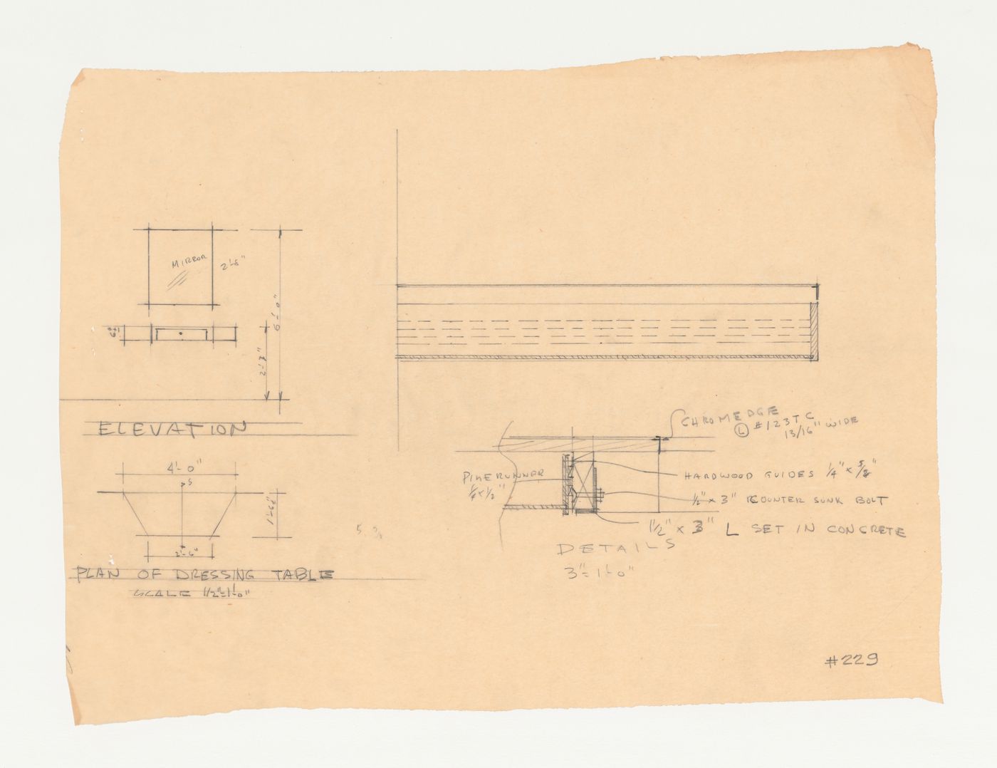 Wayfarers' Chapel, Palos Verdes, California: Elevation, plan, section and detail for the vestry dressing table