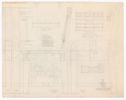 Plan, élévations, coupes et détails des bancs pour le public "G" pour Cour suprême du Canada, Ottawa, Ontario