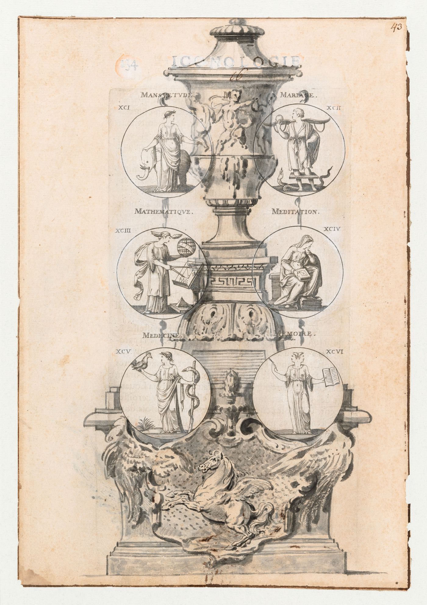 Ornamental drawing on a folio of the 1636 French edition of Cesare Ripa's "Iconologie"