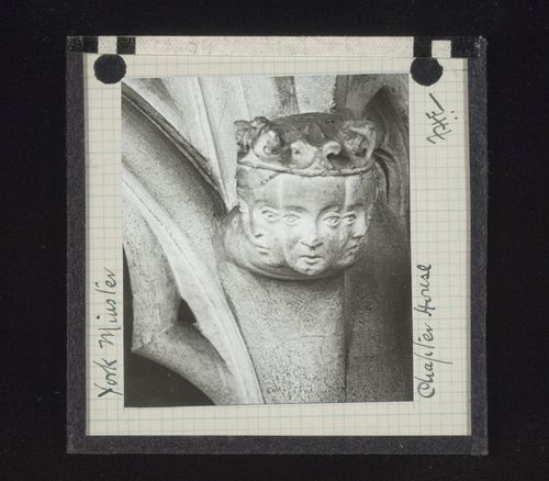 View of sculpture with three carved faces in Chapter House of York Minster, York, North Yorkshire, England
