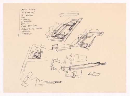 Sketch axonometric views and plan for Habitação A. Felgueiras, Porto, Portugal