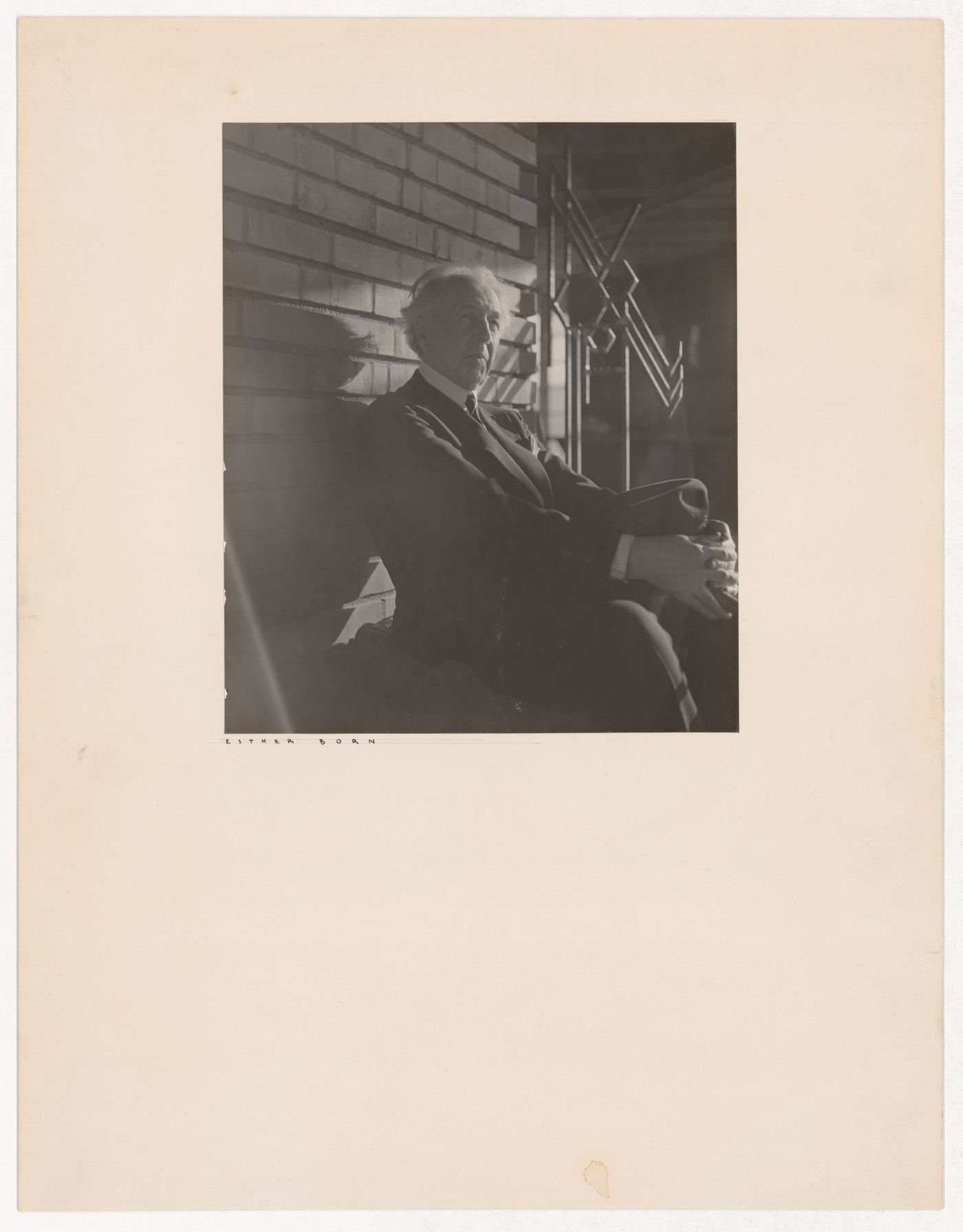 Portrait of Frank Lloyd Wright in front of the Hanna House, Palo Alto, California, United States