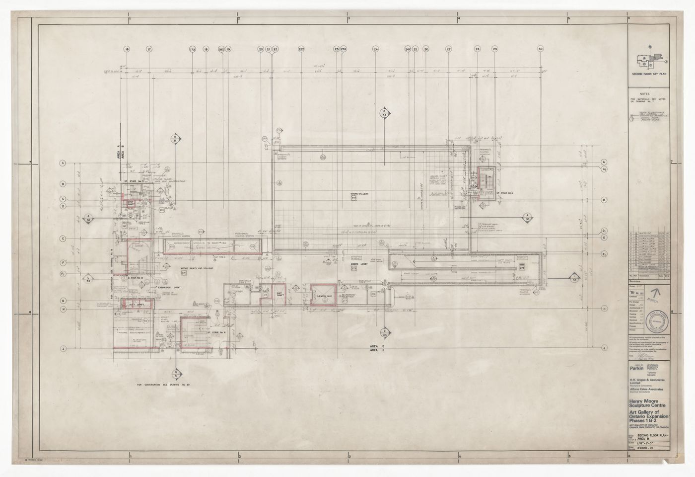 Construction second floor plan for area B for Henry Moore Sculpture Centre, Art Gallery of Ontario, Stage I Expansion, Toronto