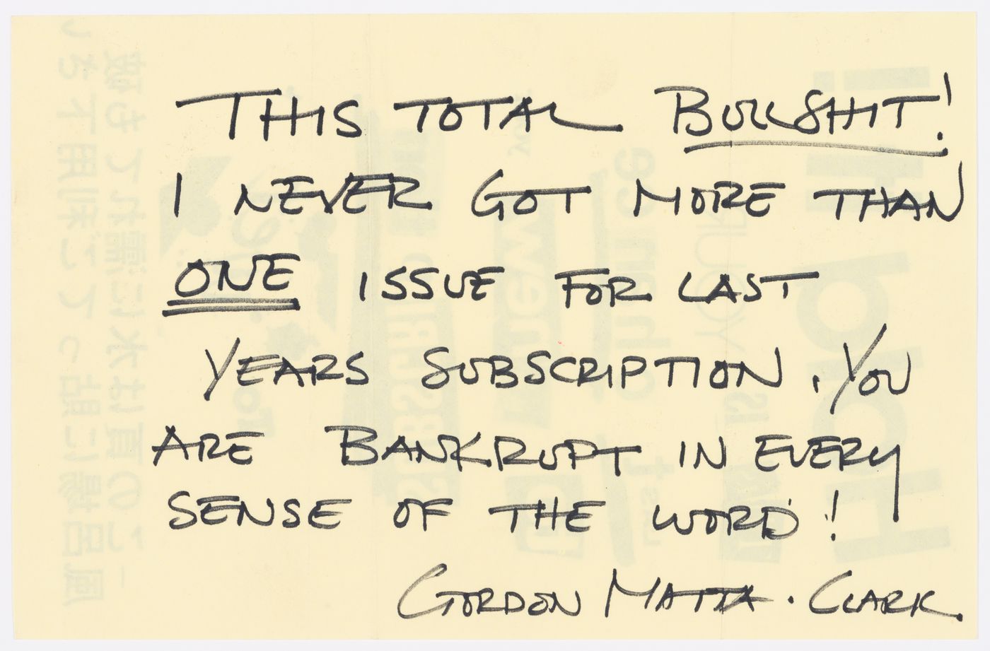Letter from WET to Gordon Matta-Clark