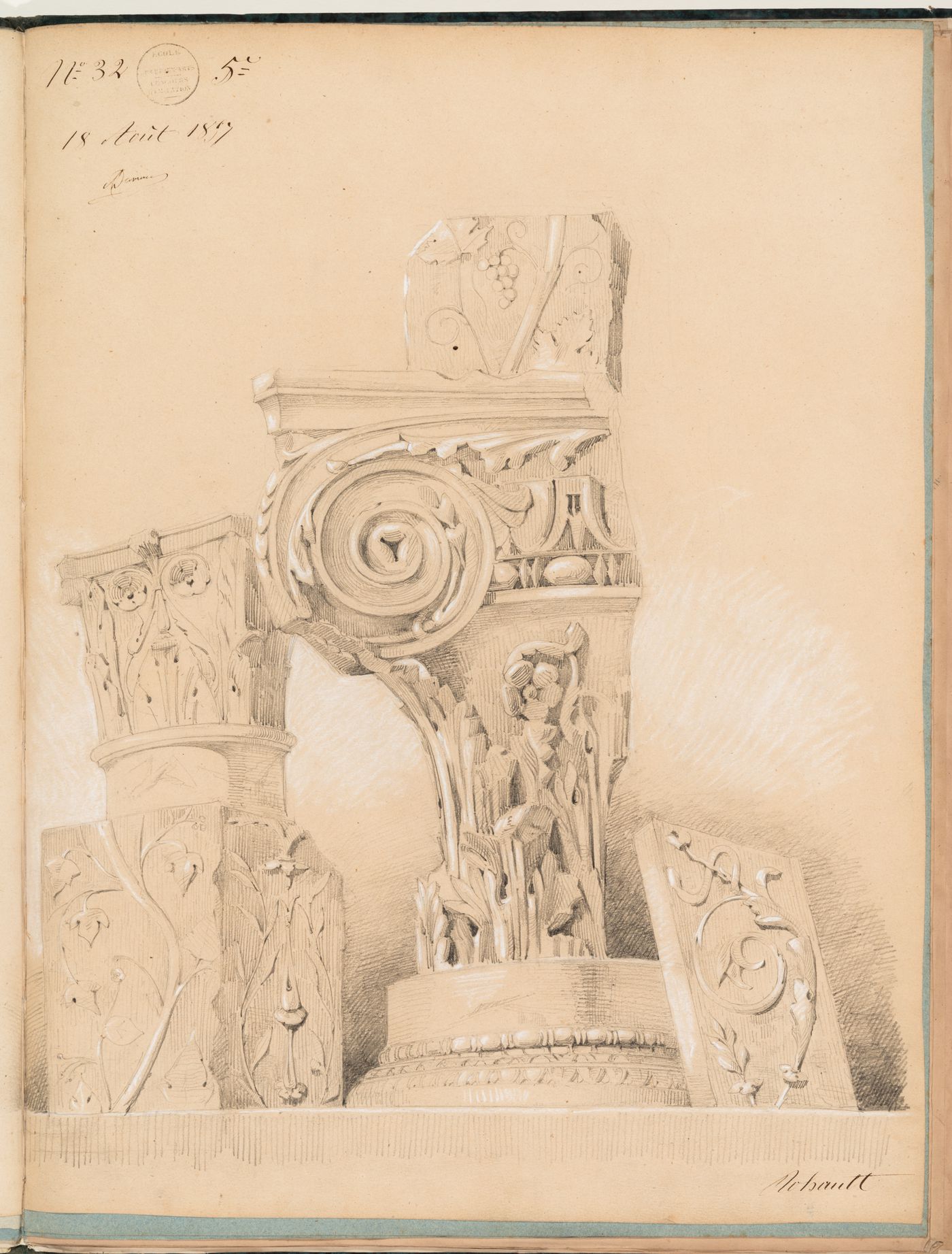 Concours d'émulation entry, 18 August 1857: Study of architectural fragments