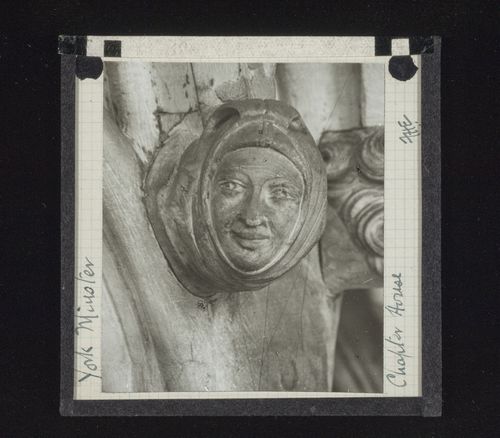 View of sculpture of head in Chapter House of York Minster, York, North Yorkshire, England