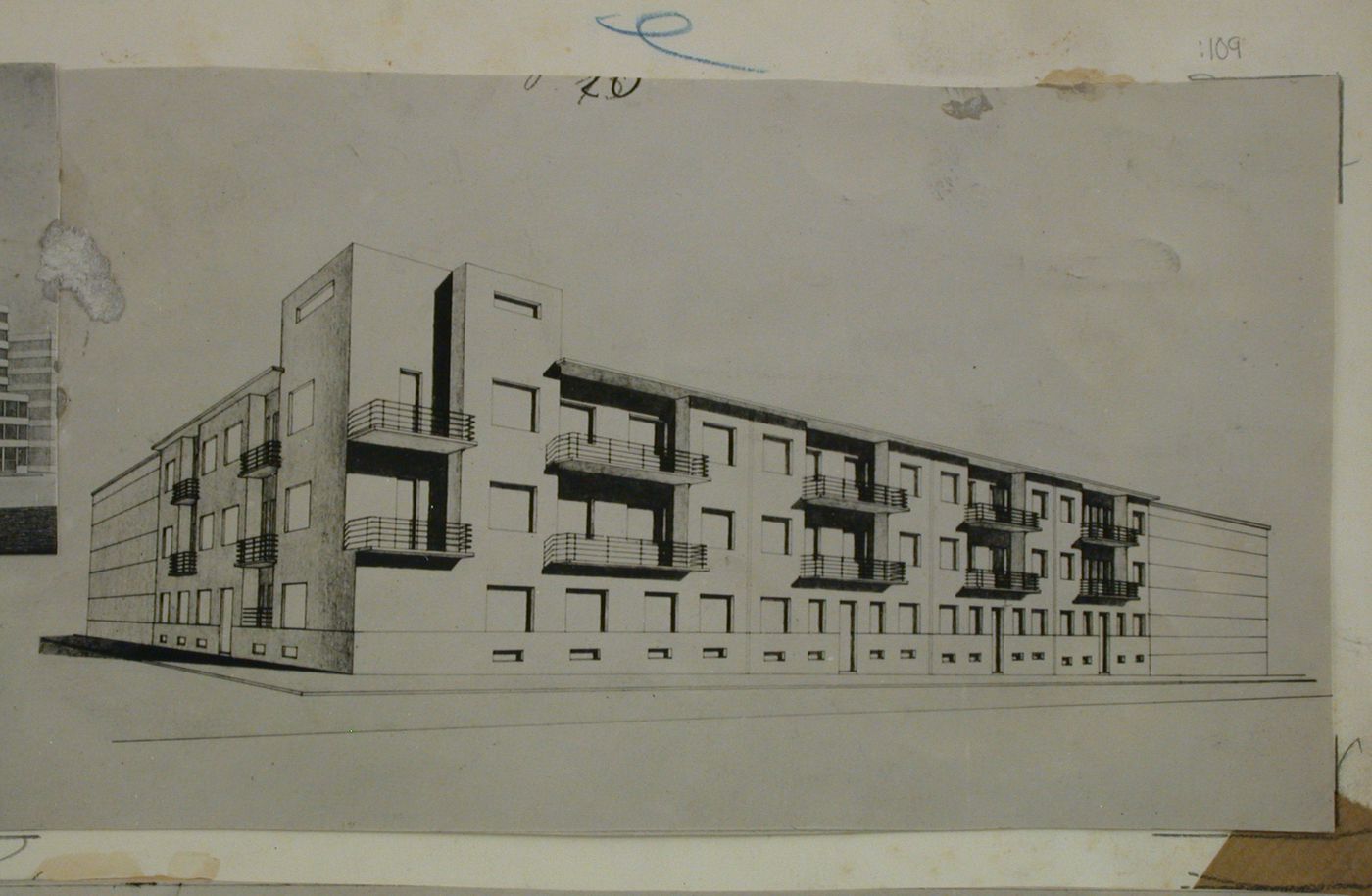 View of an elevation drawing for a tenement house in Kladno, Czechoslovakia (now Czech Republic)