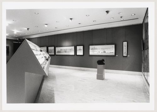 Ashmole: view of the exhibition "Ancient and Modern" at the McAlpine Gallery, Ashmolean Museum: works of Quinlan Terry, with ancient artifact and display case