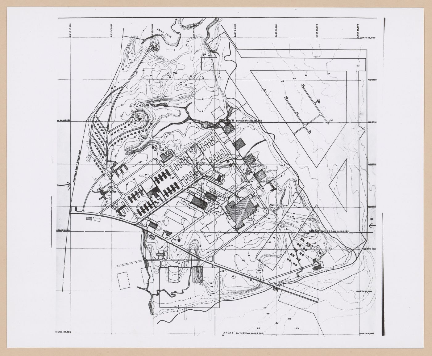 Photograph of a topographic map showing arrangements for buildings, United States Naval Air Base, Quonset Point, Rhode Island