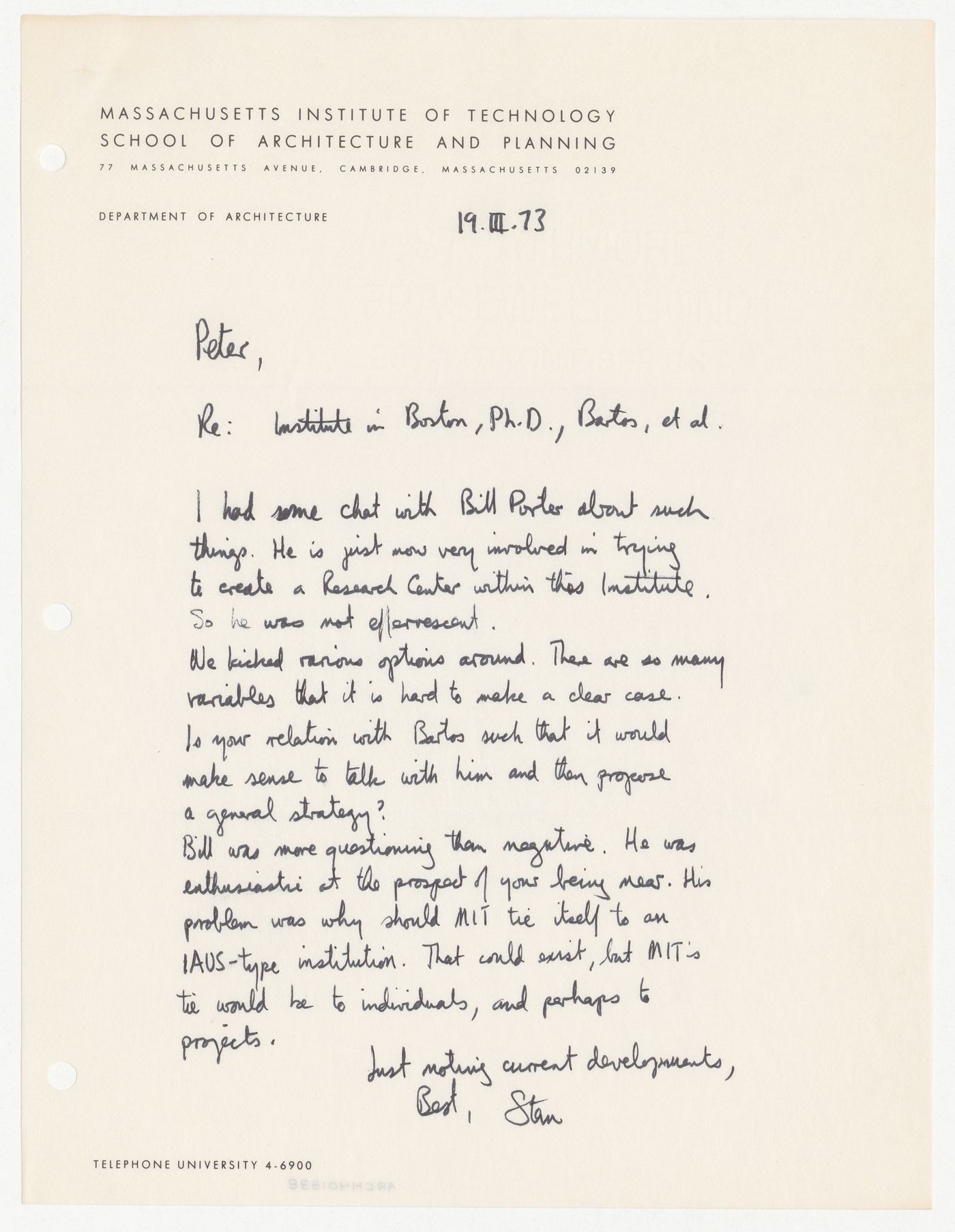 Letter from Stanford Anderson to Peter D. Eisenman about collaboration between Massachusetts Institute of Technology (MIT) and IAUS