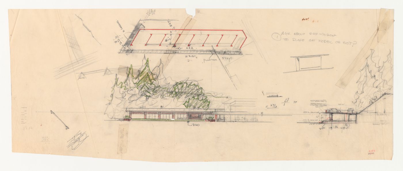 Swedenborg Memorial Chapel, El Cerrito, California: Elevation, plan, and section for the lower building