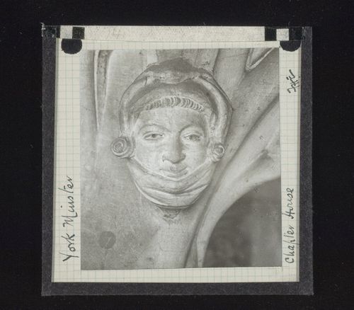 View of sculpture of head in Chapter House of York Minster, York, North Yorkshire, England