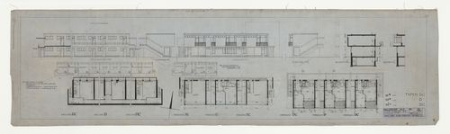 Basement, ground, and first floor plans, north, south, east and west elevations, and sections for type D, type DL1 and type DL2 housing units, Hellerhof Housing Estate, Frankfurt am Main, Germany