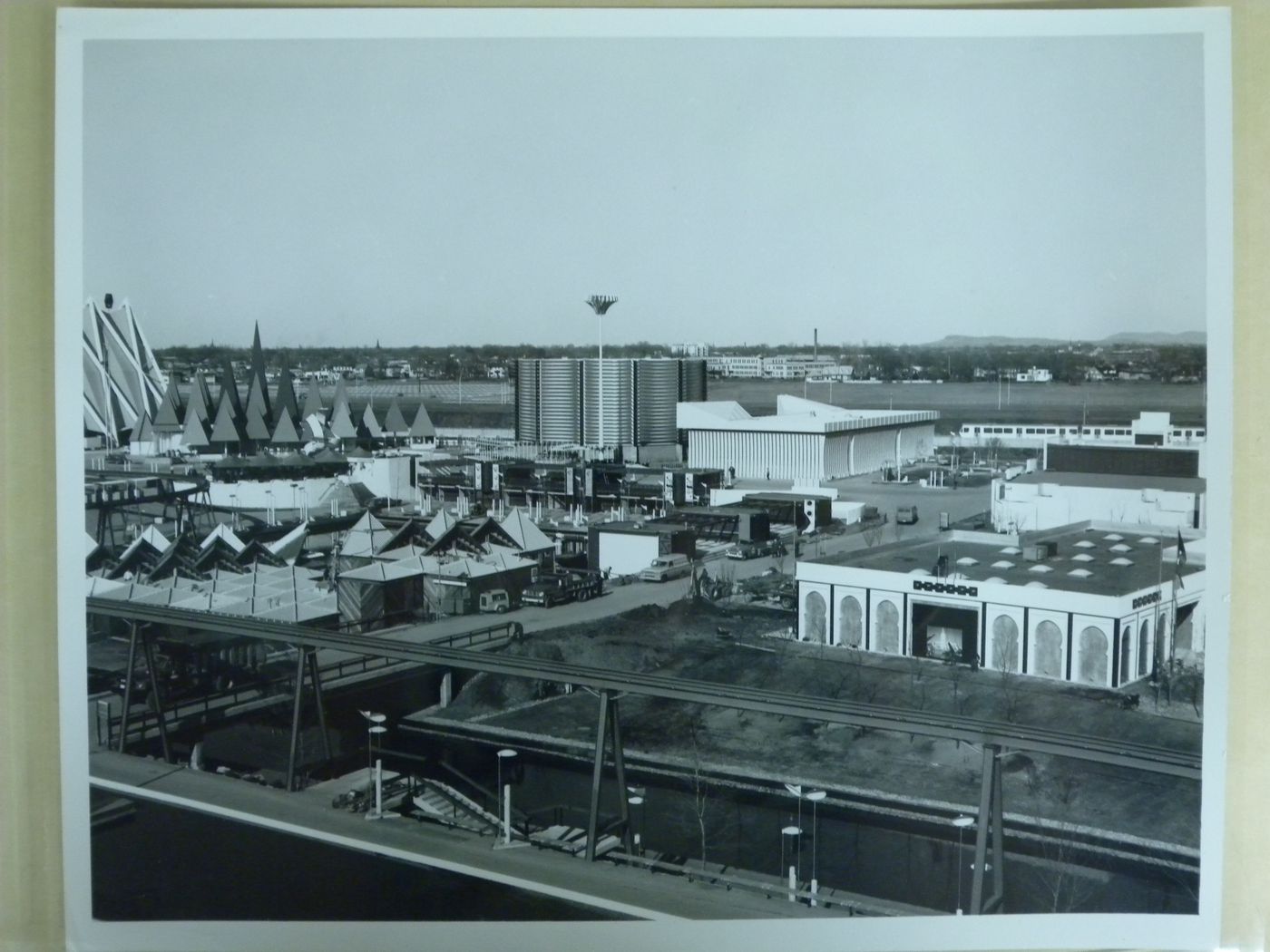 View of the Canadian Pulp and Paper, Canadian Pacific-Cominco and Arab Nations Pavilions with the minirail in foreground, Expo 67, Montréal, Québec