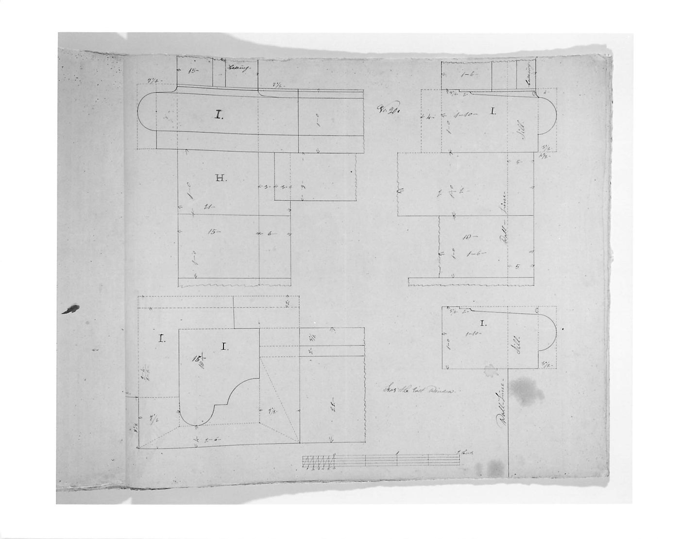 Plan, elevation, and sections for masonry mouldings for the tower windows for Notre-Dame de Montréal