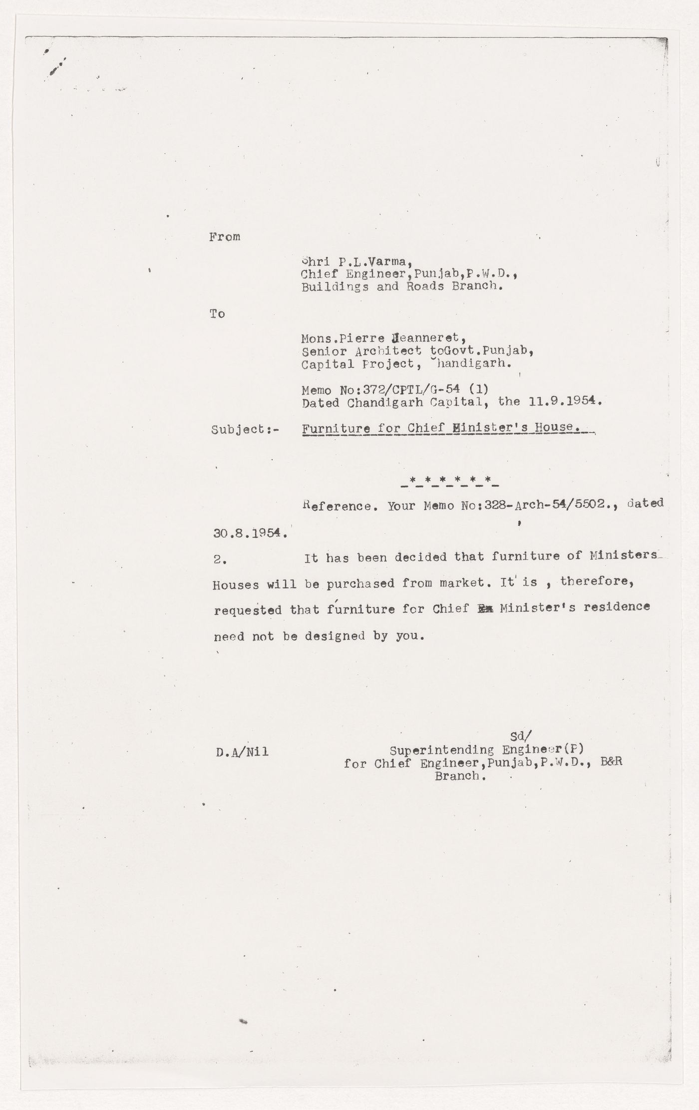 Letter from Parmeshwari Lal Varma to Pierre Jeanneret