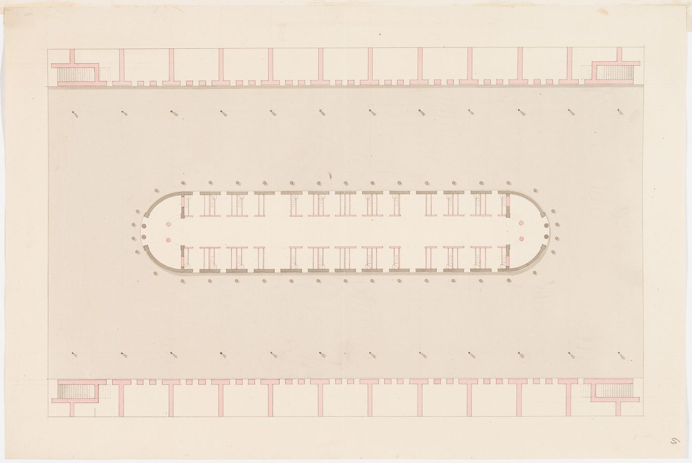 Plan for the central building and partial plans for two buildings, probably warehouses, for an "entrepôt de vins"