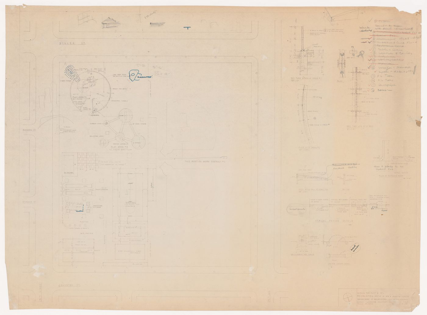 Site plan with details and notes for recreational area at 18th and Bigler Streets, Philadelphia, Pennsylvania