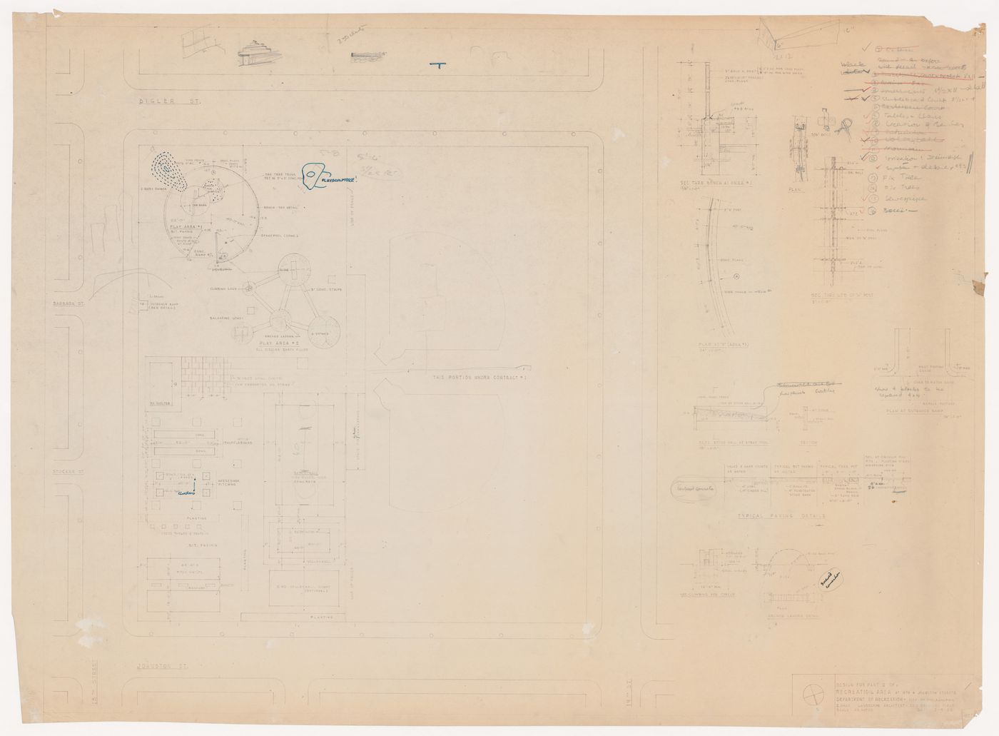 Site plan with details and notes for recreational area at 18th and Bigler Streets, Philadelphia, Pennsylvania