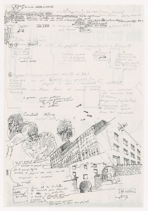Sketch for Reconstrução do Chiado [Reconstruction of the Chiado area], Lisbon, with notes related to Coeur de Ville, Montreuil, France; verso: Site plan for Coeur de Ville, Montreuil, France