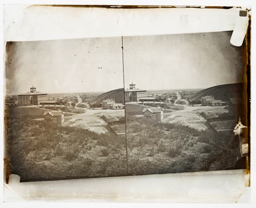 Stereograph of First Los Angeles High School, on Pound Hill (now Fort Moore Hill), Los Angeles, Califonia, United States of America (relocated 1887)