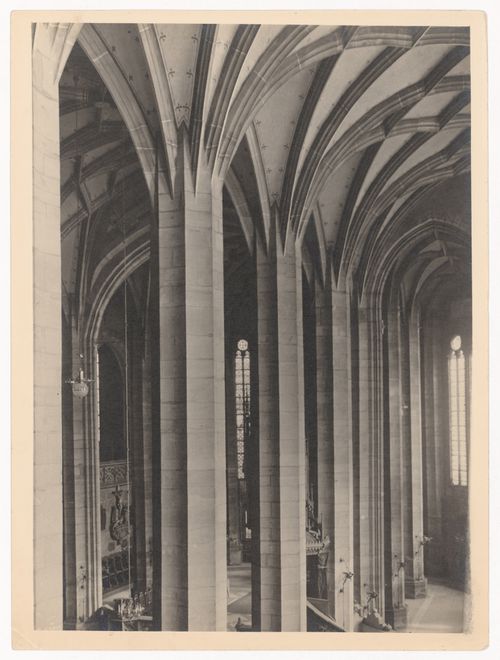 Interior of vaulted church, detail of nave piers, from elevated view point