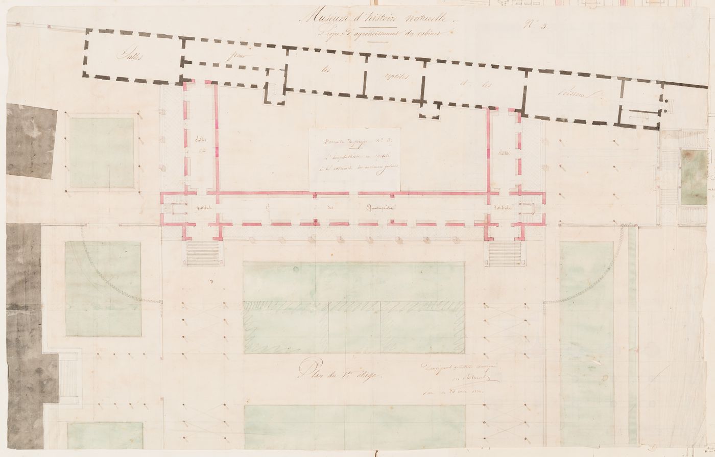 Project for a Galerie de zoologie with a single row of galleries and a central courtyard, 1838: First floor plan