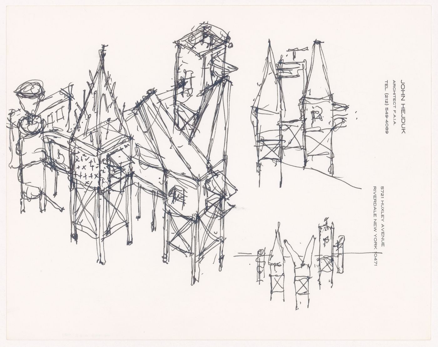 Sketch axonometric and elevations for House for a Poet