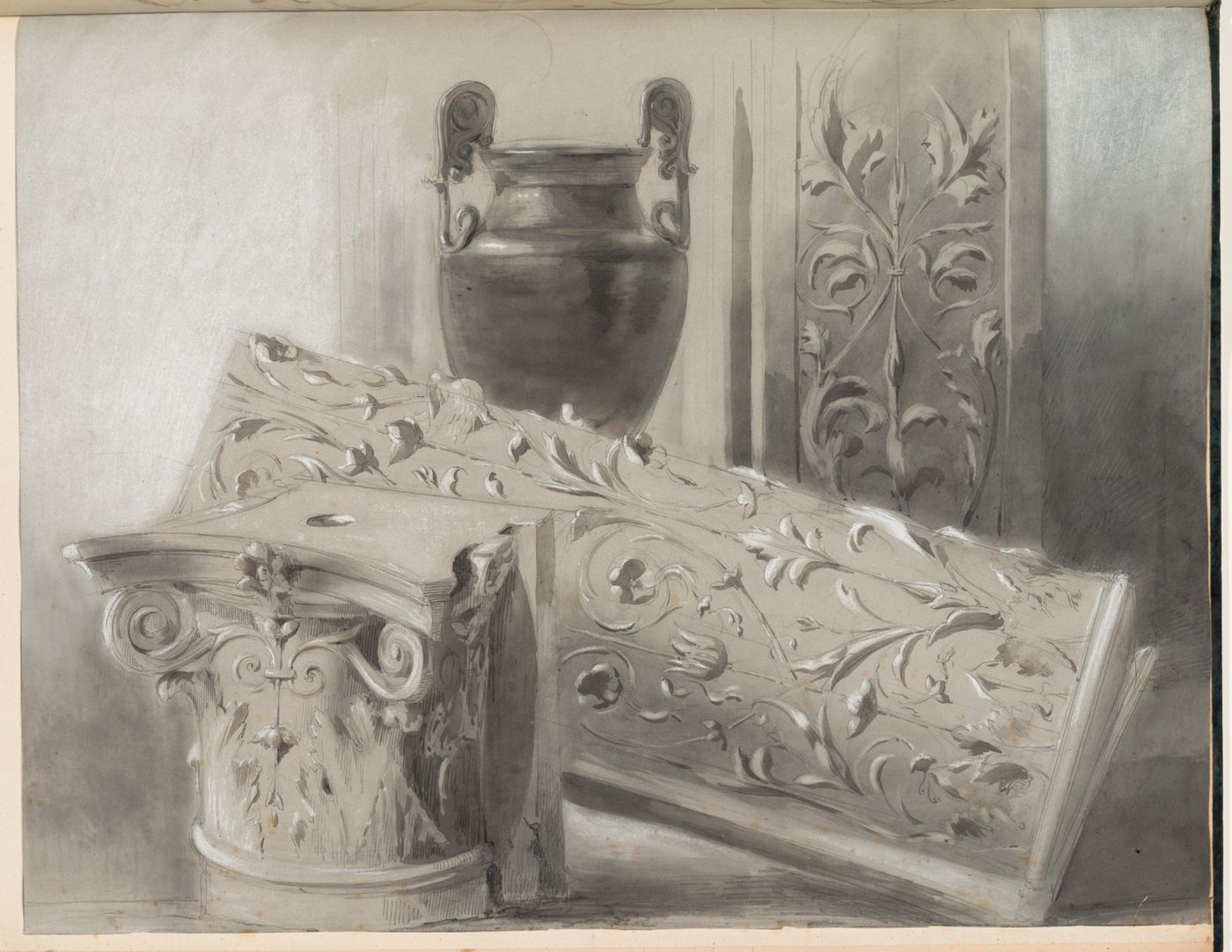 Study of architectural fragments and a vase